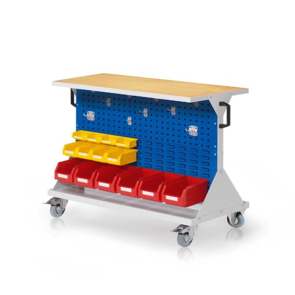 RasterMobil Gr. 2 RAL 7035/5010 H 930 x B 1000 x T 500 mm. 1 x Auflageboden aus Stahlblech inkl. 30 mm starker Multiplex-Werkbankplatte 1 x Werkzeughaltersort. 10-teilig 6 x Lagersichtkästen Größe 6 4 x Lagersichtkästen Größe 7 4 x Lagersichtkästen G