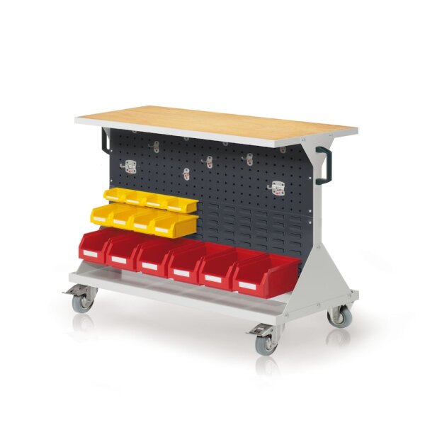 RasterMobil Gr. 2 RAL 7035/7016 H 930 x B 1000 x T 500 mm. 1 x Auflageboden aus Stahlblech inkl. 30 mm starker Multiplex-Werkbankplatte 1 x Werkzeughaltersort. 10-teilig 6 x Lagersichtkästen Größe 6 4 x Lagersichtkästen Größe 7 4 x Lagersichtkästen G