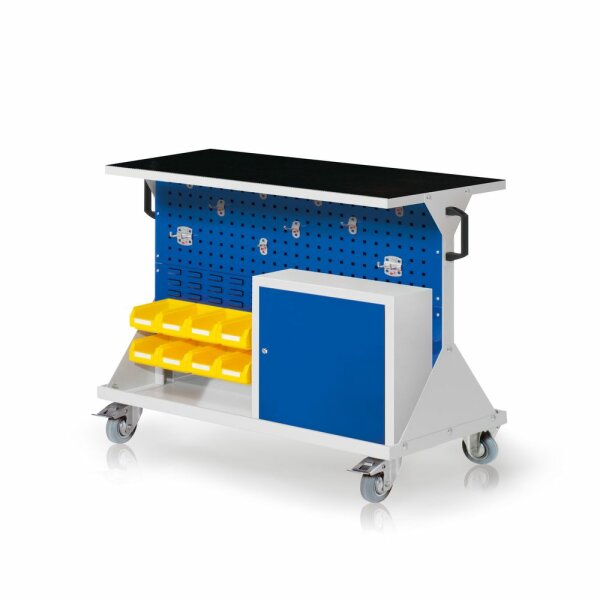 RasterMobil Gr. 2 RAL 7035/5010 H 930 x B 1000 x T 500 mm. 1 x Auflageboden aus Stahlblech inkl. Riffelgummimatte,1 x Werkzeughaltersort. 10-teilig 1 x Einhängeschrank 8 x Lagersichtkästen Größe 7.