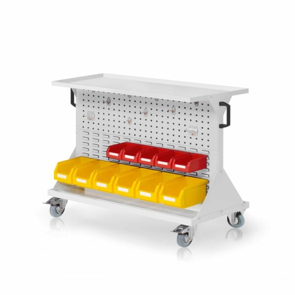 RasterMobil Gr. 2 RAL 7035 H 930 x B 1000 x T 500 mm. 1 x Auflageboden aus Stahlblech,1 x Werkzeughaltersort. 10-teilig. 6 x Lagersichtkästen Größe 6 5 x Lagersichtkästen Größe 7.
