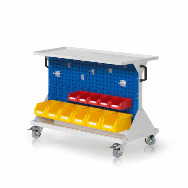 RasterMobil Gr. 2 RAL 7035/5010 H 930 x B 1000 x T 500 mm. 1 x Auflageboden aus Stahlblech,1 x Werkzeughaltersort. 10-teilig. 6 x Lagersichtkästen Größe 6 5 x Lagersichtkästen Größe 7.