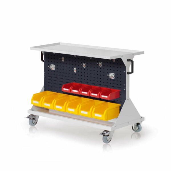 RasterMobil Gr. 2 RAL 7035/7016 H 930 x B 1000 x T 500 mm. 1 x Auflageboden aus Stahlblech,1 x Werkzeughaltersort. 10-teilig. 6 x Lagersichtkästen Größe 6 5 x Lagersichtkästen Größe 7.