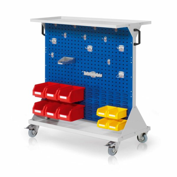 RasterMobil Gr. 3 RAL 7035/5010 H 1270 x B 1000 x T 500 mm. 1 x Auflageboden aus Stahlblech 1 x Werkzeughaltersort. 15-teilig 6 x Lagersichtkästen Größe 6 4 x Lagersichtkästen Größe 7.