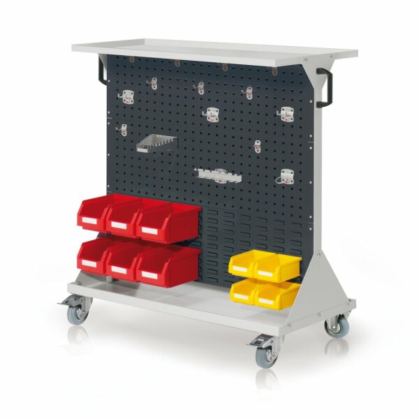 RasterMobil Gr. 3 RAL 7035/7016 H 1270 x B 1000 x T 500 mm. 1 x Auflageboden aus Stahlblech 1 x Werkzeughaltersort. 15-teilig 6 x Lagersichtkästen Größe 6 4 x Lagersichtkästen Größe 7.