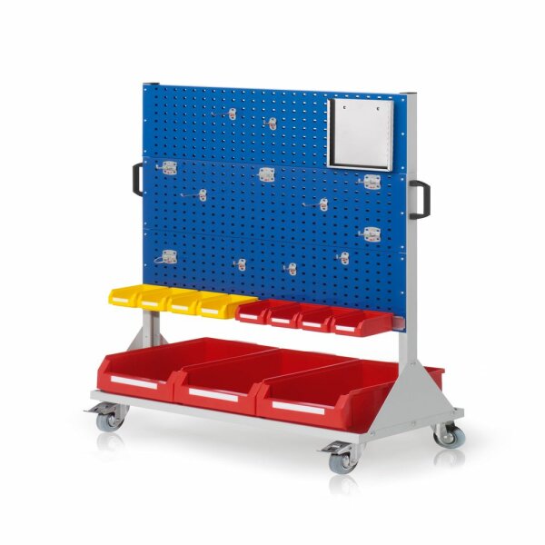 RasterMobil Gr. 4 RAL 7035/5010 H1580 x B1000 x T500 mm. 1 x Werkzeughaltersortiment 12-teilig 1 x Formularhalter A4 1 x Lagersichtkastenhalter 990 mm 8 x Lagersichtkästen Größe 7 3 x Lagersichtkästen Größe 2.