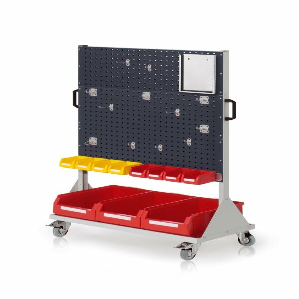RasterMobil Gr. 4 RAL 7035/7016 H1580 x B1000 x T500 mm. 1 x Werkzeughaltersortiment 12-teilig 1 x Formularhalter A4 1 x Lagersichtkastenhalter 990 mm 8 x Lagersichtkästen Größe 7 3 x Lagersichtkästen Größe 2.