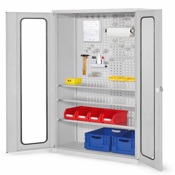 ®RasterPlan Werkzeugschrank Mod 6 410 H1950 x B1000 x T410 mm RAL 7035. Sichtfenstertüren 3 Fachböden.