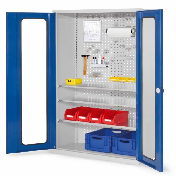 ®RasterPlan Werkzeugschrank Mod 6 410 H1950 x B1000 x T410 mm RAL 7035/5010. Sichtfenstertüren 3 Fachböden.