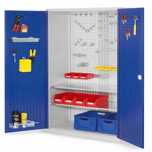 ®RasterPlan Werkzeugschrank Mod 5 500 H1950 x B1000 x T500 mm RAL 7035/5010. Türinnenseite: ®RasterPlan Lochplatten 2 Fachböden.