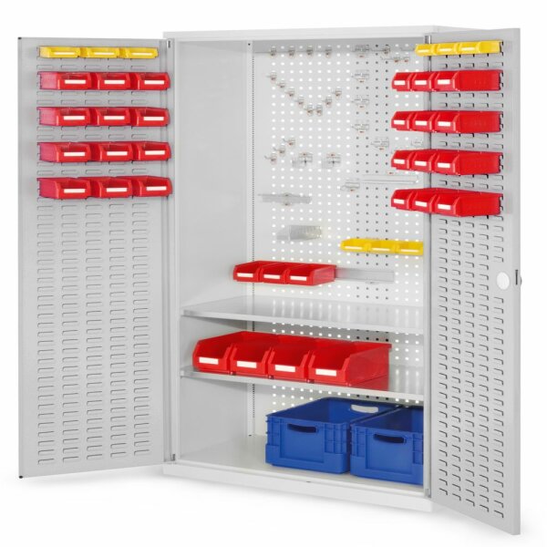 ®RasterPlan Werkzeugschrank Mod 5 500 H1950 x B1000 x T500 mm RAL 7035. Türinnenseite: ®RasterPlan Schlitzplatten 2 Fachböden.