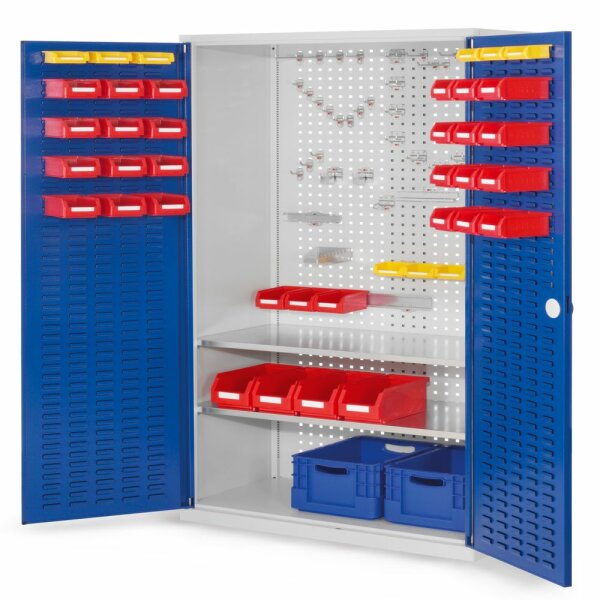 ®RasterPlan Werkzeugschrank Mod 5 500 H1950 x B1000 x T500 mm RAL 7035/5010. Türinnenseite: ®RasterPlan Schlitzplatten 2 Fachböden.