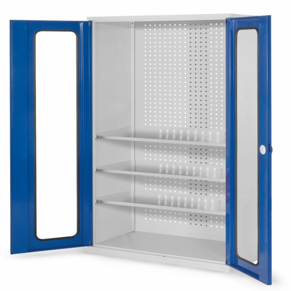 ®RasterPlan Werkzeugschrank Mod 6 500 H1950 x B1000 x T500 mm RAL 7035/5010. Sichtfenstertüren 3 Fachböden.