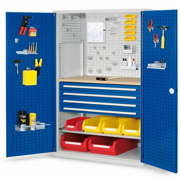 ®RasterPlan Schubladenschrank Modell 16 RAL 7035/5010. Türinnenseite: Lochplatten 1950 x 1000 x 600 mm 4 Schubladen H 100 mm 1 Fachboden verzinkt 1 Werkbankplatte Multiplex.