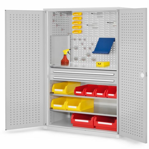 ®RasterPlan Schubladenschrank Modell 11 RAL 7035. Türinnenseite: Lochplatten 1950 x 1000 x 600 mm, 2 Schubladen H 100 mm 3 Fachböden verzinkt.