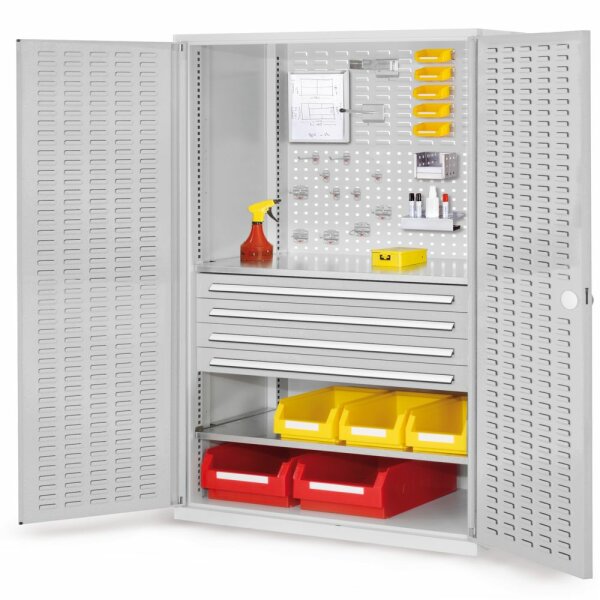 ®RasterPlan Schubladenschrank Modell 23 RAL 7035. Türinnenseite: Schlitzplatten 1950 x 1000 x 600 mm 4 Schubladen H 100 mm 2 Fachböden verzinkt.