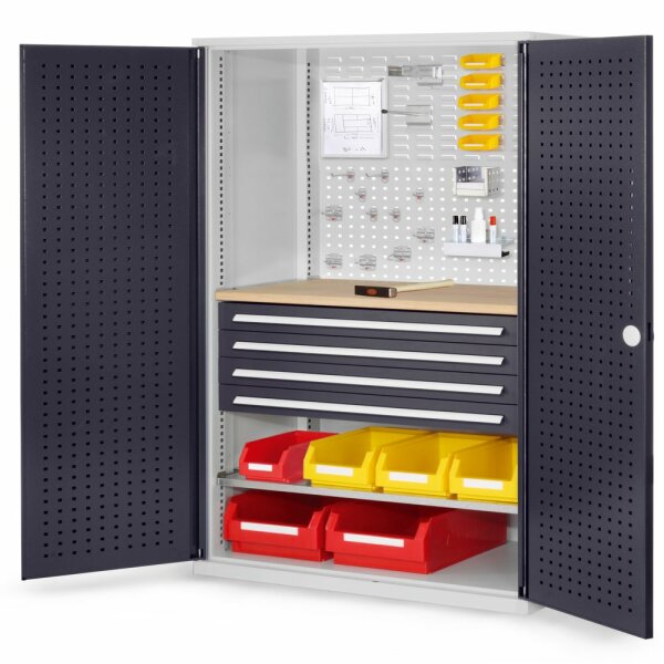 ®RasterPlan Schubladenschrank Modell 16 RAL 7035/7016. Türinnenseite: Lochplatten 1950 x 1000 x 600 mm mm 4 Schubladen H 100 mm mm 1 Fachböden verzinkt 1 Werkbankplatte Multiplex.
