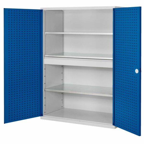 ®RasterPlan Großvolumenschrank 1950 x 1130 x 590 mm RAL 7035/5010. Türinnenseite: ®RasterPlan Lochplatten 3 Böden 1 Schublade.