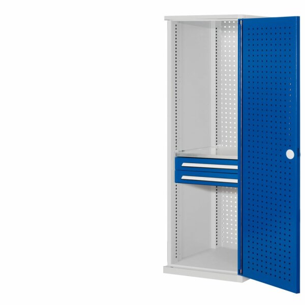 ®RasterPlan Schubladenschrank schmal Mod 4 1950 x 600 x 600 mm 7035/5010 Lochplattentür. 1 Fachboden verzinkt 2 Schubladen 125 mm.