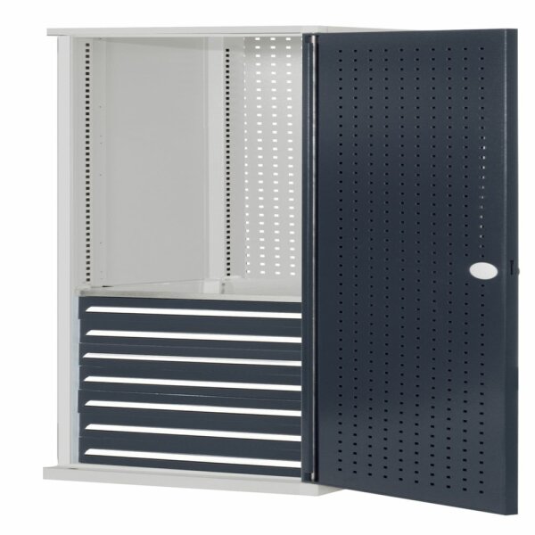 ®RasterPlan Schubladenschrank schmal Mod 5 1950 x 600 x 600 mm 7035/7016 Lochplattentür. 1 Fachboden verzinkt 7 Schubladen 125 mm.