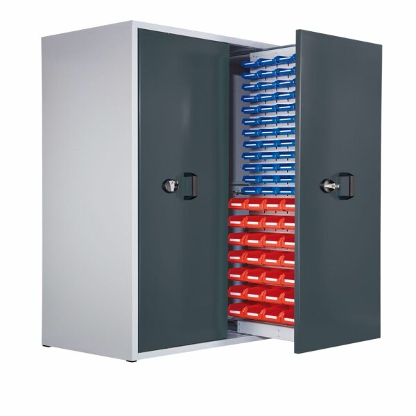 ®RasterPlan Zugwagenschrank Mod 6 2000 x 1100 x 600 mm 7035/7016. 2 Auszüge 1 Auszug einseitig bestückt mit Lagersichtkasten 28 x Größe 7 48 x Größe 8