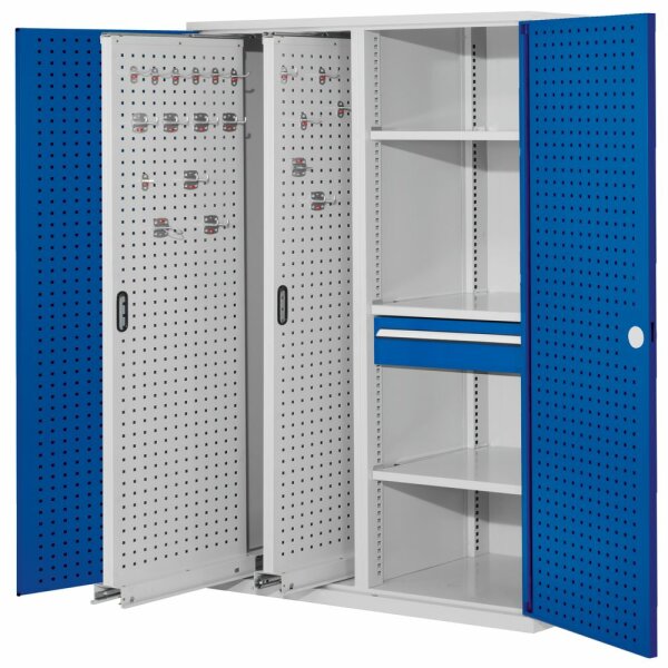 ®RasterPlan Vertikalschrank Modell 82 1950 x 1000 x 600 mm RAL 7035/5010. Türinnenseite: ®RasterPlan Lochplatten 2 Auszüge Lochplatten 3 Fachböden 1 Schubladen 175 mm.