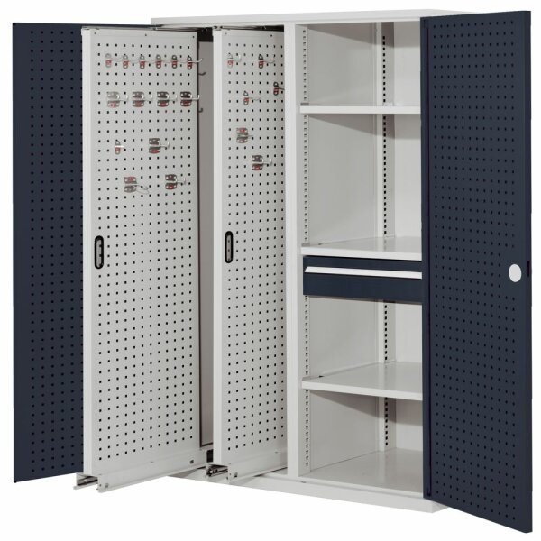 ®RasterPlan Vertikalschrank Modell 82 1950 x 1000 x 600 mm RAL 7035/7016. Türinnenseite: ®RasterPlan Lochplatten 2 Auszüge Lochplatten 3 Fachböden 1 Schubladen 175 mm.
