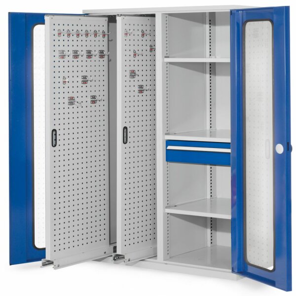 ®RasterPlan Vertikalschrank Modell 82 1950 x 1000 x 600 mm RAL 7035/5010. Sichtfenstertür. 2 Auszüge Lochplatten 3 Böden 1 Schubladen 175 mm.