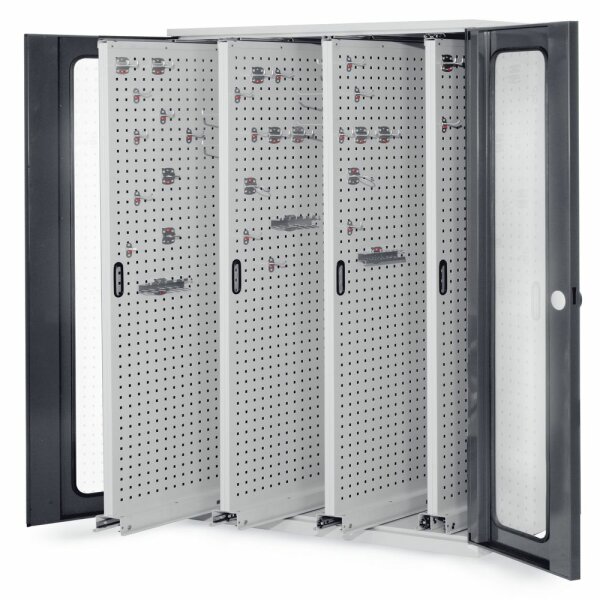 ®RasterPlan Vertikalschrank Modell 83 1950 x 1000 x 600 mm RAL 7035/7016. Sichtfenstertür 4 Auszüge Lochplatten.