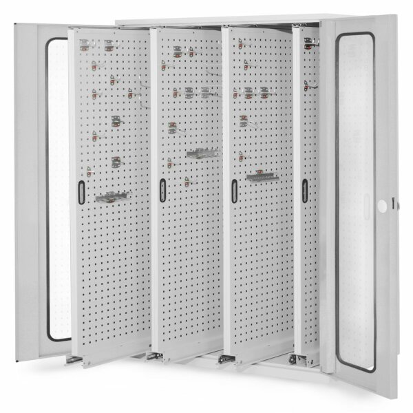®RasterPlan Vertikalschrank Modell 83 1950 x 1000 x 600 mm RAL 7035. Sichtfenstertür 4 Auszüge Lochplatten.