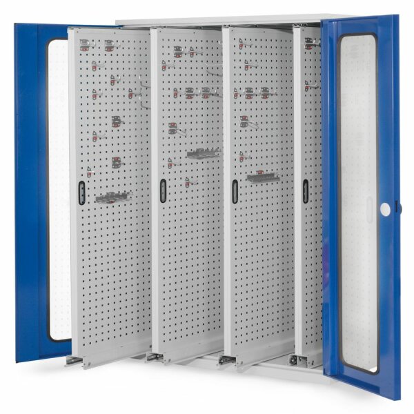®RasterPlan Vertikalschrank Modell 83 1950 x 1000 x 600 mm RAL 7035/5010. Sichtfenstertür 4 Auszüge Lochplatten.