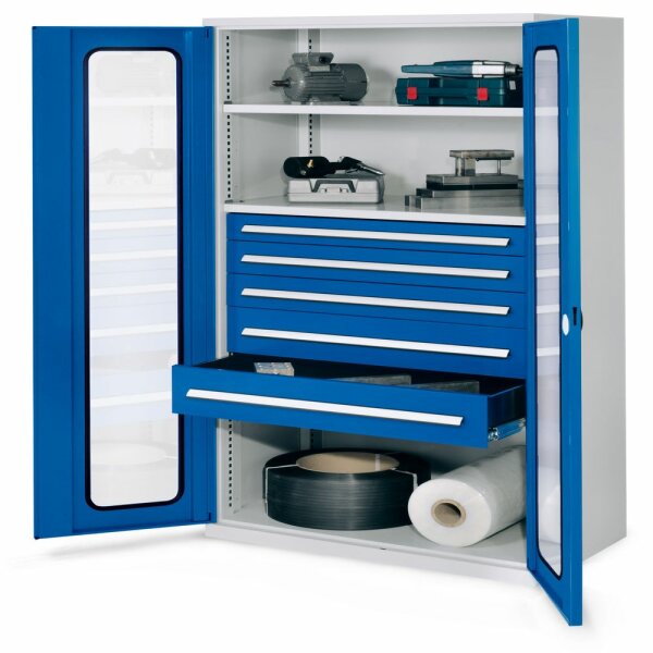 Schwerlastschrank ohne Mitteltrennwand 1950 x 1000 x 600 mm Mod 44 RAL 7035/5010. Sichtfenstertür 2 Fachboden verzinkt. 1 Schublade 100mm 2 Schubladen 125 mm 2 Schubladen 175 mm.