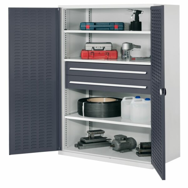 Schwerlastschrank ohne Mitteltrennwand 1950 x 1000 x 600 mm Mod 42 RAL 7035/7016. Türinnenseite: ®RasterPlan Schlitzplatten- 3 Fachboden verzinkt 2 Schubladen 175 mm.