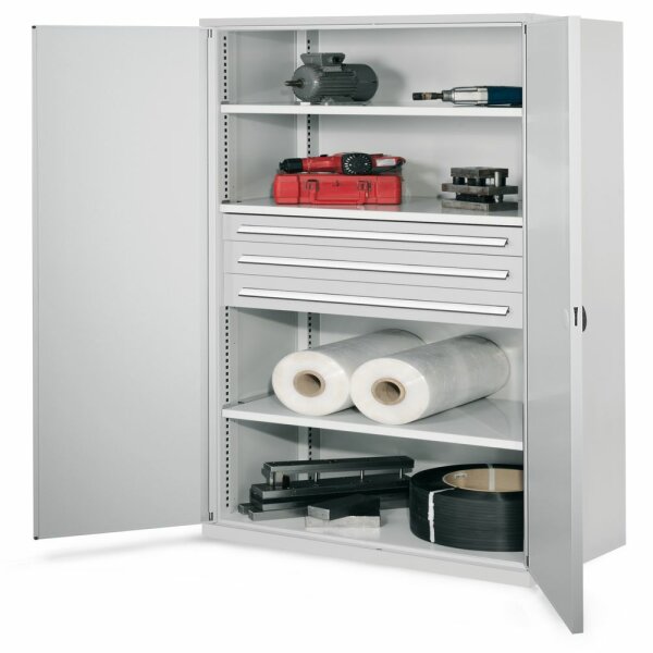 Schwerlastschrank ohne Mitteltrennwand 1950 x 1000 x 600 mm Mod 43 RAL 7035. Doppelwandtür. 3 Fachboden verzinkt 1 Schubladen RAL 7035 H100 2 Schubladen RAL 7035 125