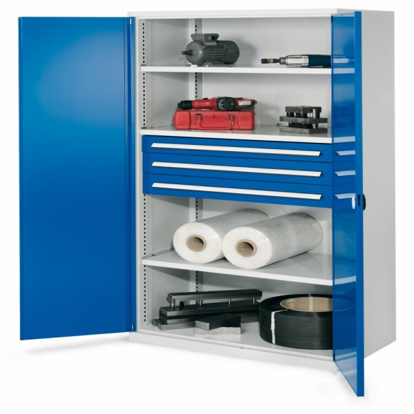 Schwerlastschrank ohne Mitteltrennwand 1950 x 1000 x 600 mm Mod 43 RAL 7035/5010. Doppelwandtür. 3 Fachboden verzinkt 1 Schubladen RAL 7035 H100 2 Schubladen RAL 7035 126