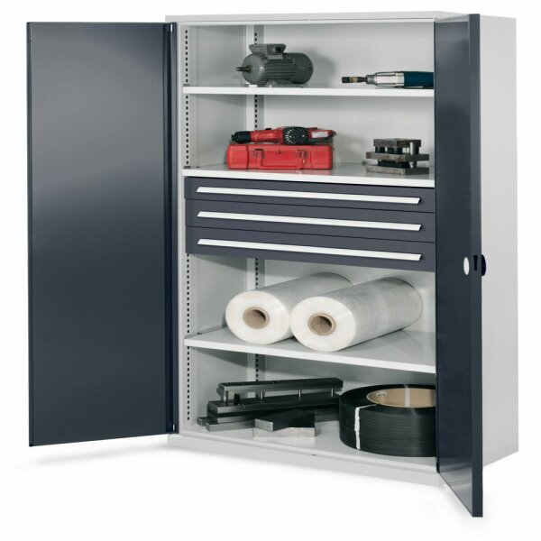Schwerlastschrank ohne Mitteltrennwand 1950 x 1000 x 600 mm Mod 43 RAL 7035/7016. Doppelwandtür. 3 Fachboden verzinkt 1 Schubladen RAL 7035 H100 2 Schubladen RAL 7035 127