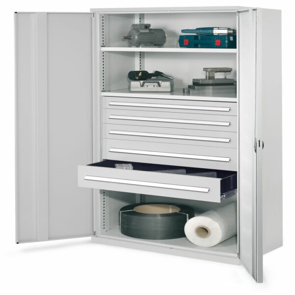Schwerlastschrank ohne Mitteltrennwand 1950 x 1000 x 600 mm Mod 44 RAL 7035. Vollblechtür 2 Fachboden verzinkt. 1 Schubladen 100 mm 2 Schubladen 125 mm 2 Schubladen 175 mm.
