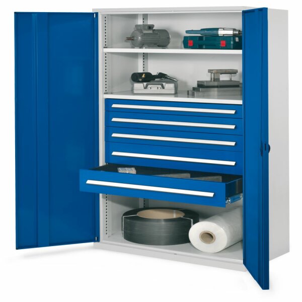 Schwerlastschrank ohne Mitteltrennwand 1950 x 1000 x 600 mm Mod 44 RAL 7035/5010. Vollblechtür 2 Fachboden verzinkt. 1 Schubladen 100 mm 2 Schubladen 125 mm 2 Schubladen 175 mm.