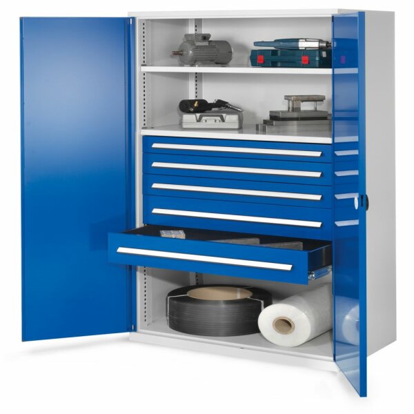 Schwerlastschrank ohne Mitteltrennwand 1950 x 1000 x 600 mm Mod 44 RAL 7035/5010. Doppelwandtür 2 Fachboden verzinkt. 1 Schubladen H100 mm 2 Schubladen H125mm  2 Schubladen H175 mm.