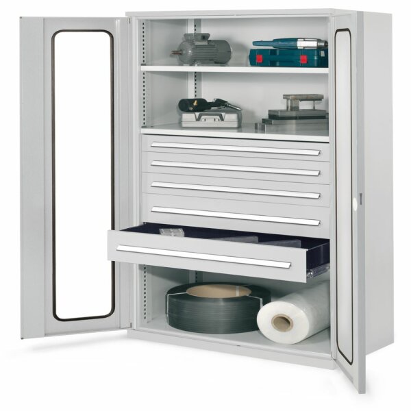 Schwerlastschrank ohne Mitteltrennwand 1950 x 1000 x 600 mm Mod 44 RAL 7035. Sichtfenstertür 2 Fachboden verzinkt. 1 Schubladen 100 2 Schubladen 125 2 Schubladen 175
