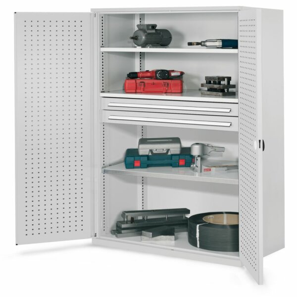 Schwerlastschrank ohne Mitteltrennwand 1950 x 1000 x 600 mm Mod 45 RAL 7035. Türinnenseite: ®RasterPlan Lochplatte 3 Fachböden verzinkt 2 Schubladen H 100 mm.