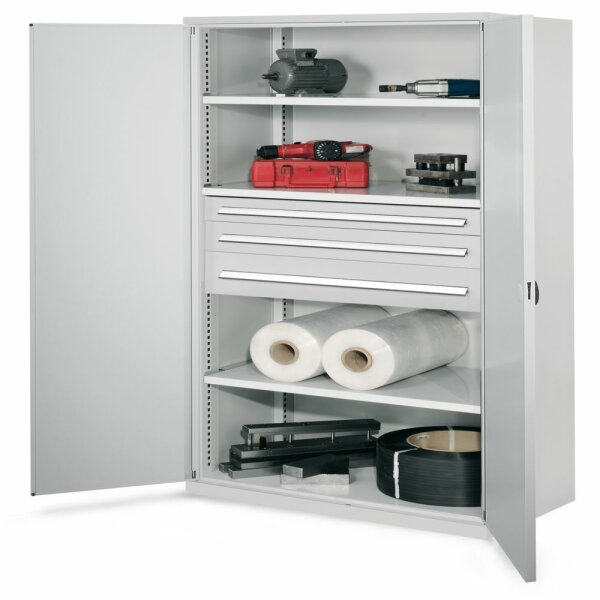 Schwerlastschrank ohne Mitteltrennwand 1950 x 1000 x 600 mm Mod 46 RAL 7035. Doppelwandtüren 3 Fachböden verzinkt 1 Schublade H 100 mm 1 Schublade H 125 mm 1 Schublade H 175 mm.