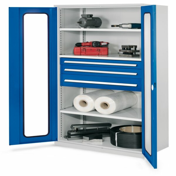 Schwerlastschrank ohne Mitteltrennwand 1950 x 1000 x 600 mm Mod 46 RAL 7035/5010. Sichtfenstertüren 3 Fachböden verzinkt 1 Schublade H 100 mm 1 Schublade H 125 mm 1 Schublade H 175 mm.