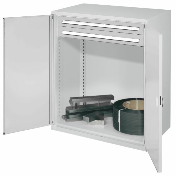 Schwerlast-Beistellschrank Modell 64 1110 x 1000 x 600 mm RAL 7035. Doppelwandtüren 2 Schubladen H 100 mm.