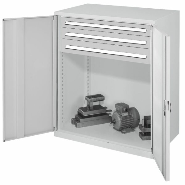 Schwerlast-Beistellschrank Modell 65 1110 x 1000 x 600 mm RAL 7035. Vollblechtüren 3 Schubladen H 100 mm.