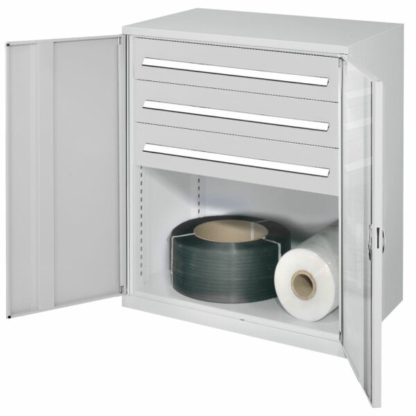 Schwerlast-Beistellschrank Modell 67 1110 x 1000 x 600 mm RAL 7035. Vollblechtüren 3 Schubladen H 175 mm.