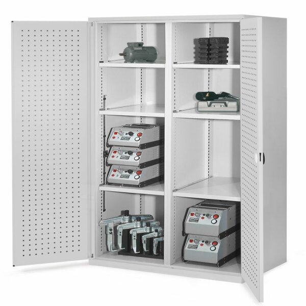 Schwerlastschrank mit Mitteltrennwand 1950 x 1000 x 600 mm Mod 51 RAL 7035. Türinnenseite: ®RasterPlan Lochplatten 3 Fachboden links verzinkt. 3 Fachboden rechts verzinkt.