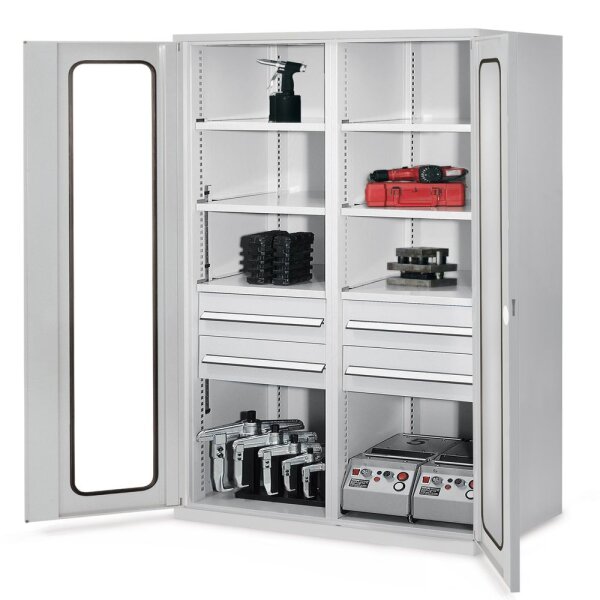 Schwerlastschrank mit Mitteltrennwand 1950 x 1000 x 600 mm Mod 52 RAL 7035. Sichtfenstertür 4 Schubladen H 175 mm 3 Fachboden links verzinkt 3 Fachboden rechts verzinkt.
