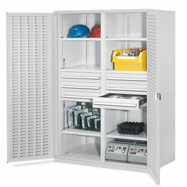 Schwerlastschrank mit Mitteltrennwand 1950 x 1000 x 600 mm Mod 53 RAL 7035. Türinnenseite: ®RasterPlan Schlitzplatten 6 Schubladen H 125 mm 3 Fachboden links verzinkt 3 Fachboden rechts verzinkt.