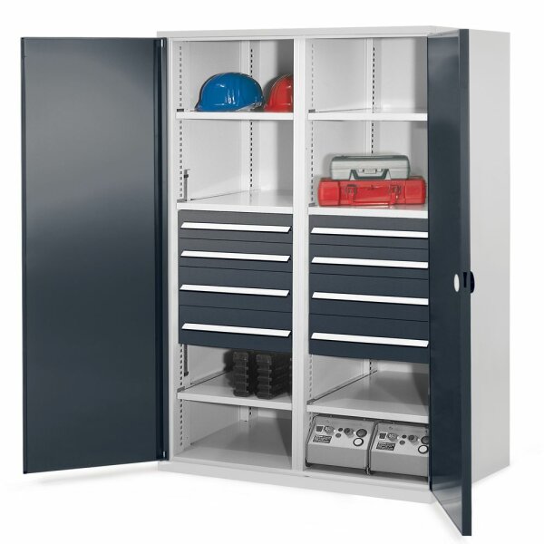 Schwerlastschrank mit Mitteltrennwand 1950 x 1000 x 600 mm Mod 54 RAL 7035/7016. Doppelwandtür 4 Schubladen H 100 mm  4 Schubladen H 175 mm 3 Fachboden links verzinkt 3 Fachboden rechts verzinkt.