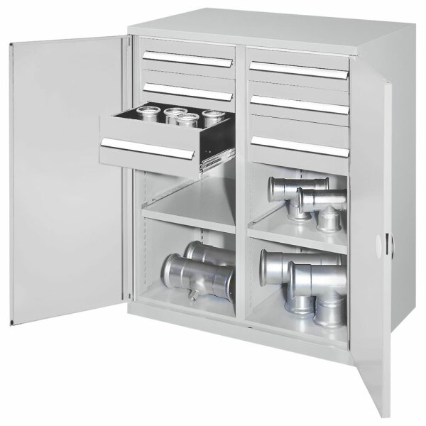 Schwerlast-Beistellschrank Modell 71 1110 x 1000 x 600 mm RAL 7035. Mit Mitteltrennwand  Doppelwandtür 1 Fachboden links 1 Fachboden rechts 2 Schubladen H 100 mm 2 Schubladen H 125 mm 2 Schubladen H 175 mm.